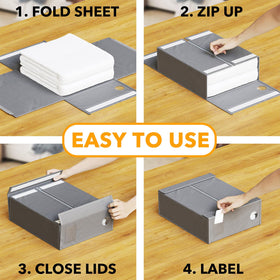SpaceAid gray sheet organizer with label cards; easy sorting of bedding sets.