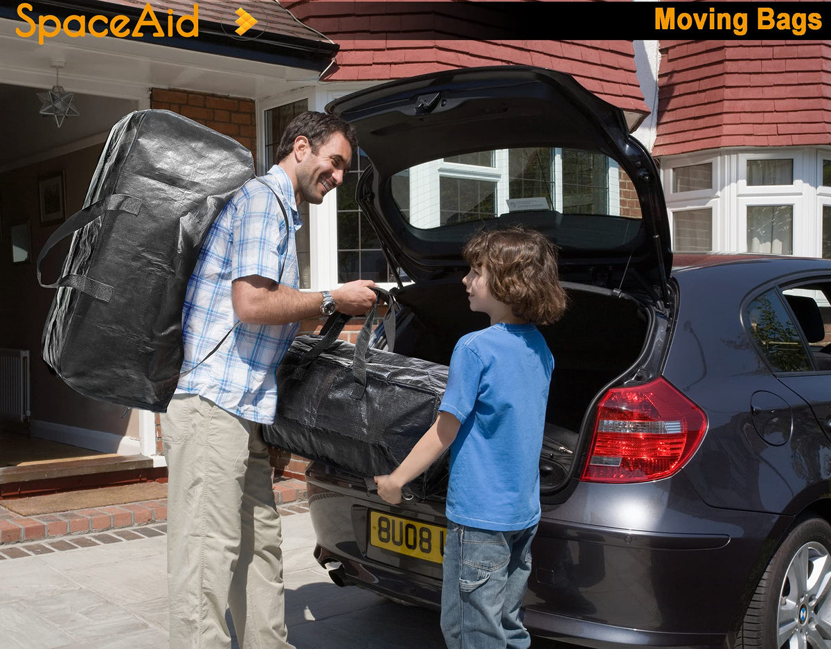 SpaceAid heavy duty moving bags with backpack straps ready for hands-free transport.