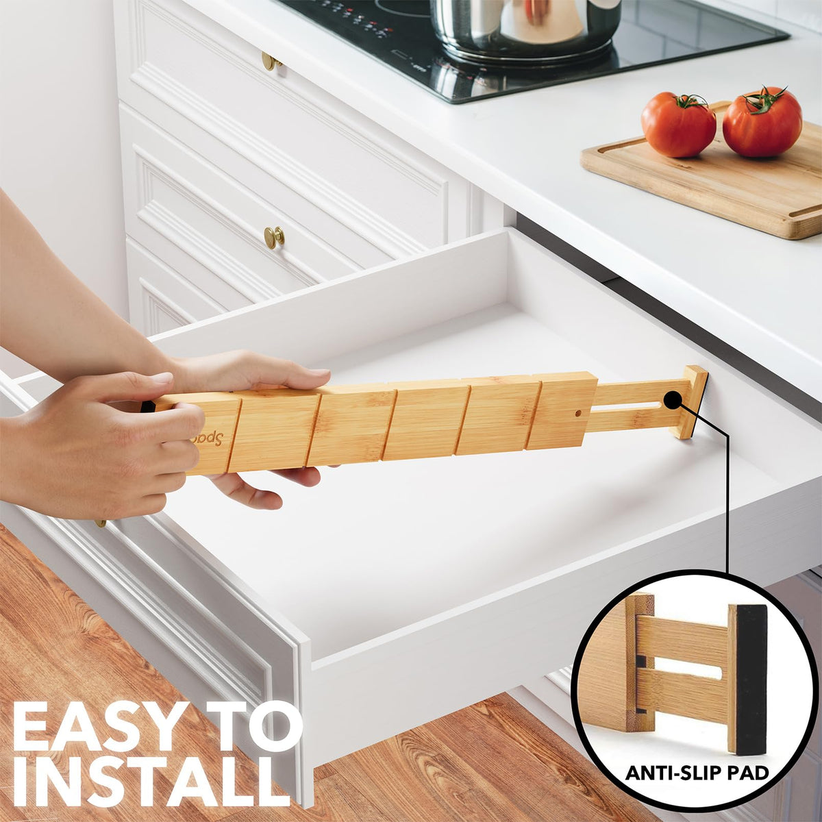 SpaceAid bamboo drawer organization enhances interior harmony and accessibility.