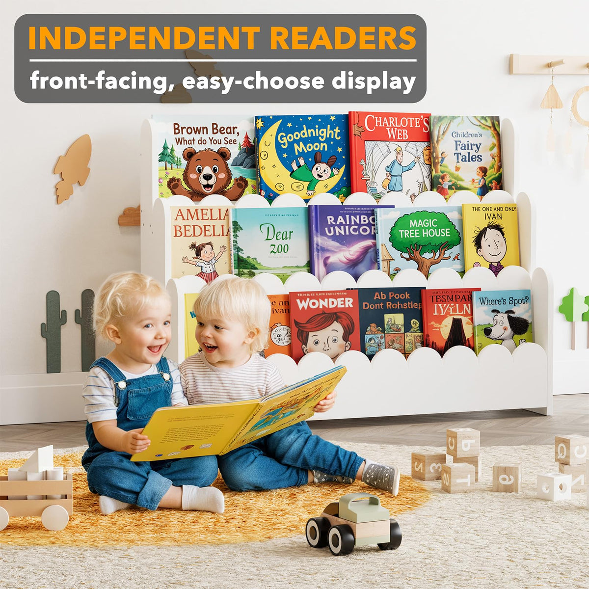 SpaceAid Montessori bookcase with low height encourages independent book exploration.