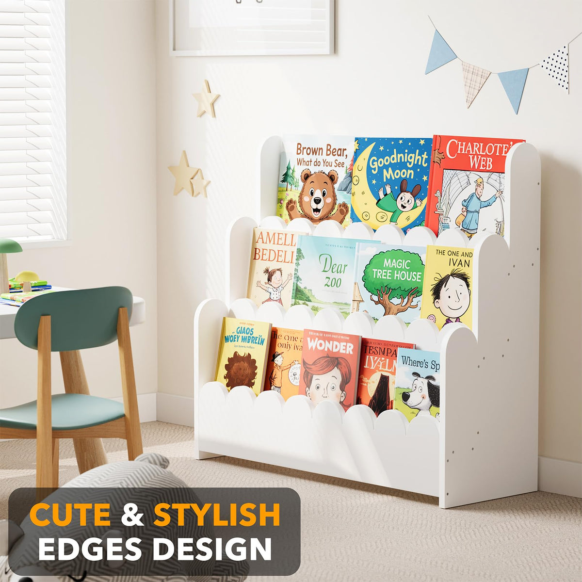 SpaceAid Montessori bookcase in white promotes independent browsing for kids