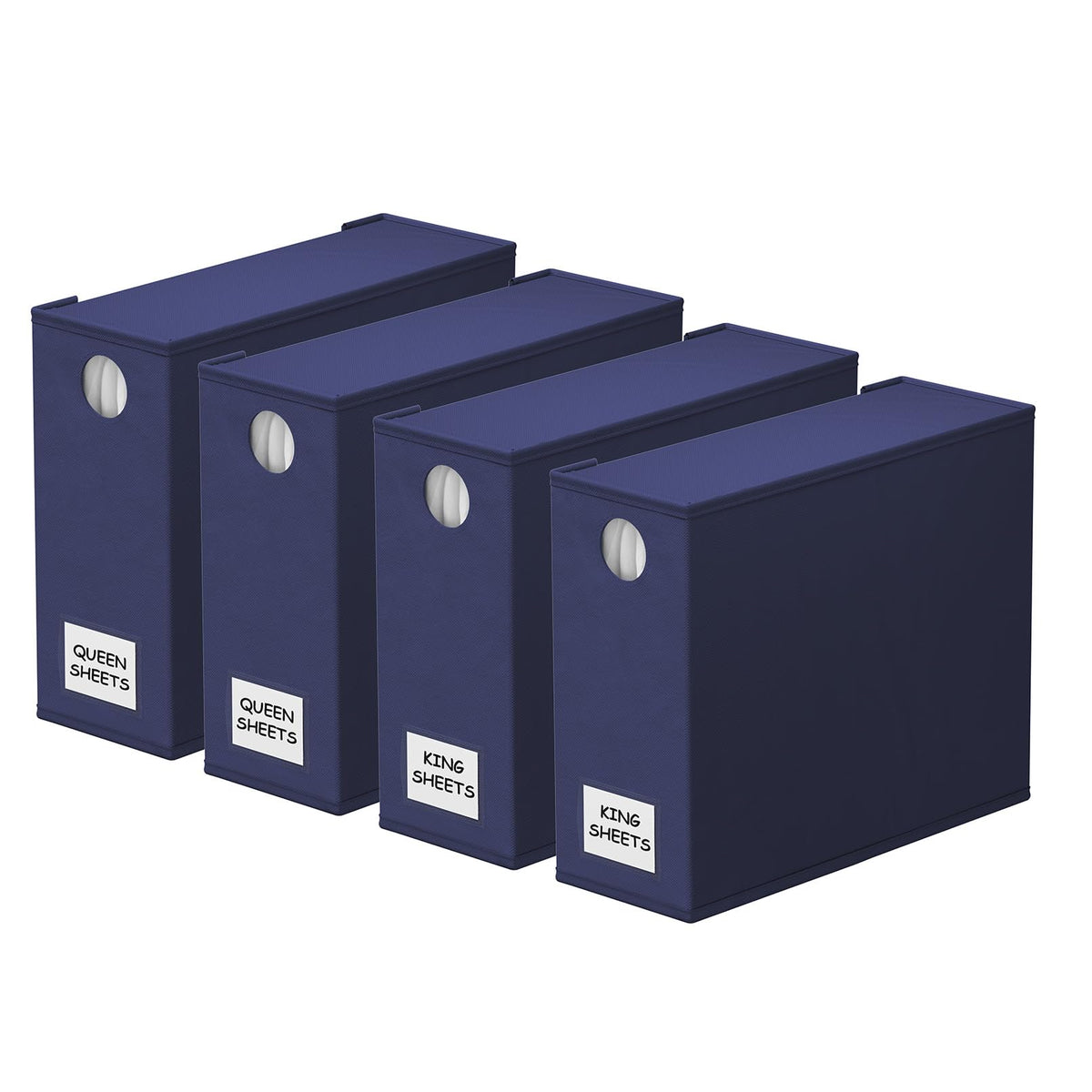 SpaceAid 4-pack navy blue sheet organizers neatly arranged for easy access.