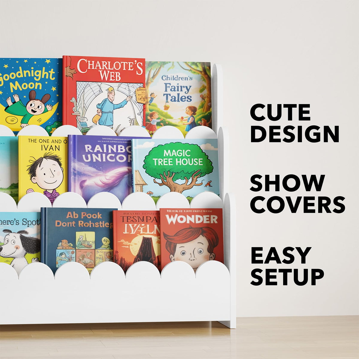 SpaceAid 3-tier book organizer keeps books and toys neatly displayed.