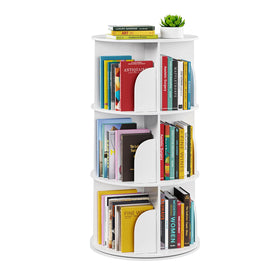 SpaceAid rotating bookshelf tower showing assembly in progress for organized storage.