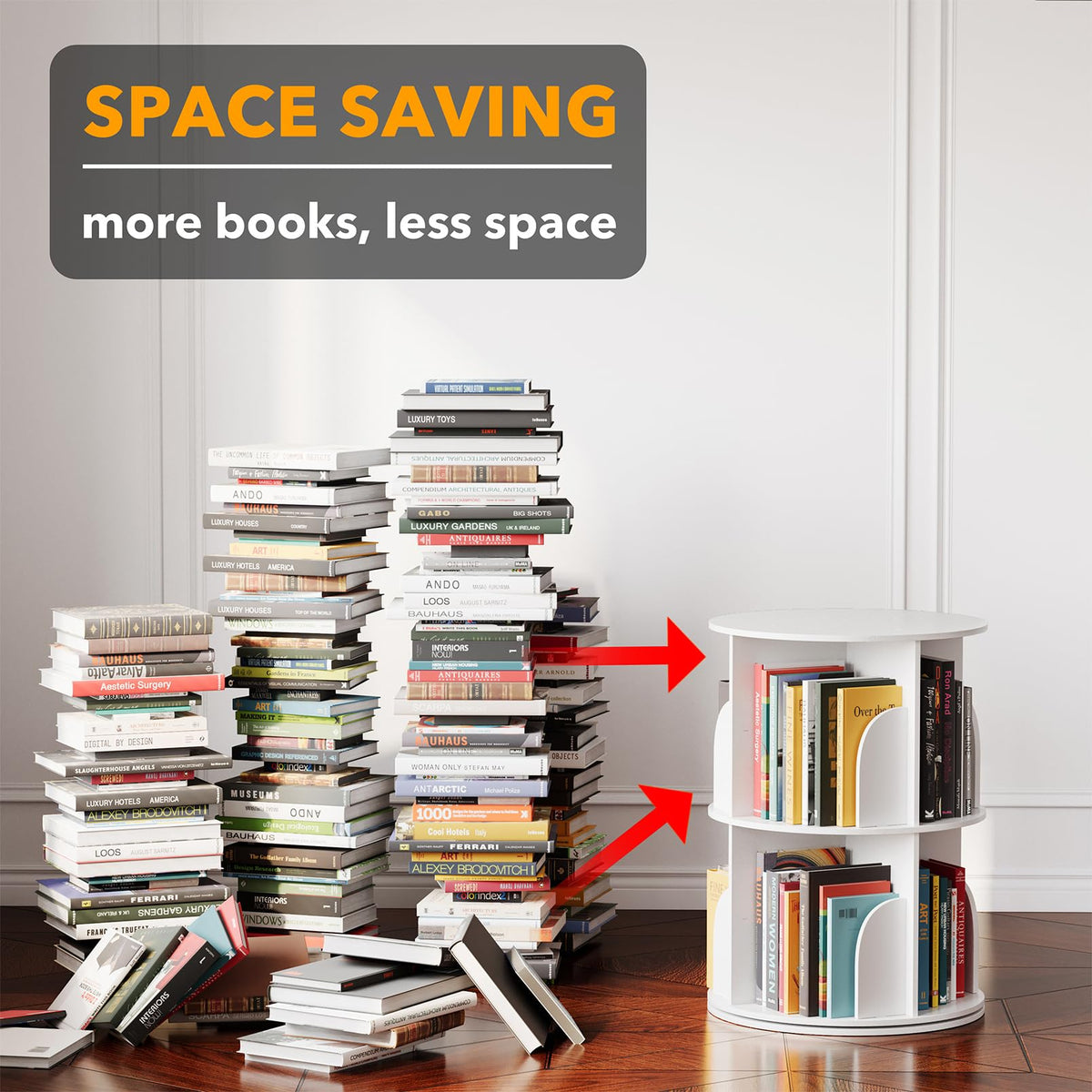 SpaceAid rotating bookshelf tower, side view for corner placement.