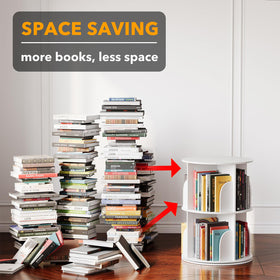 SpaceAid rotating bookshelf tower, side view for corner placement.