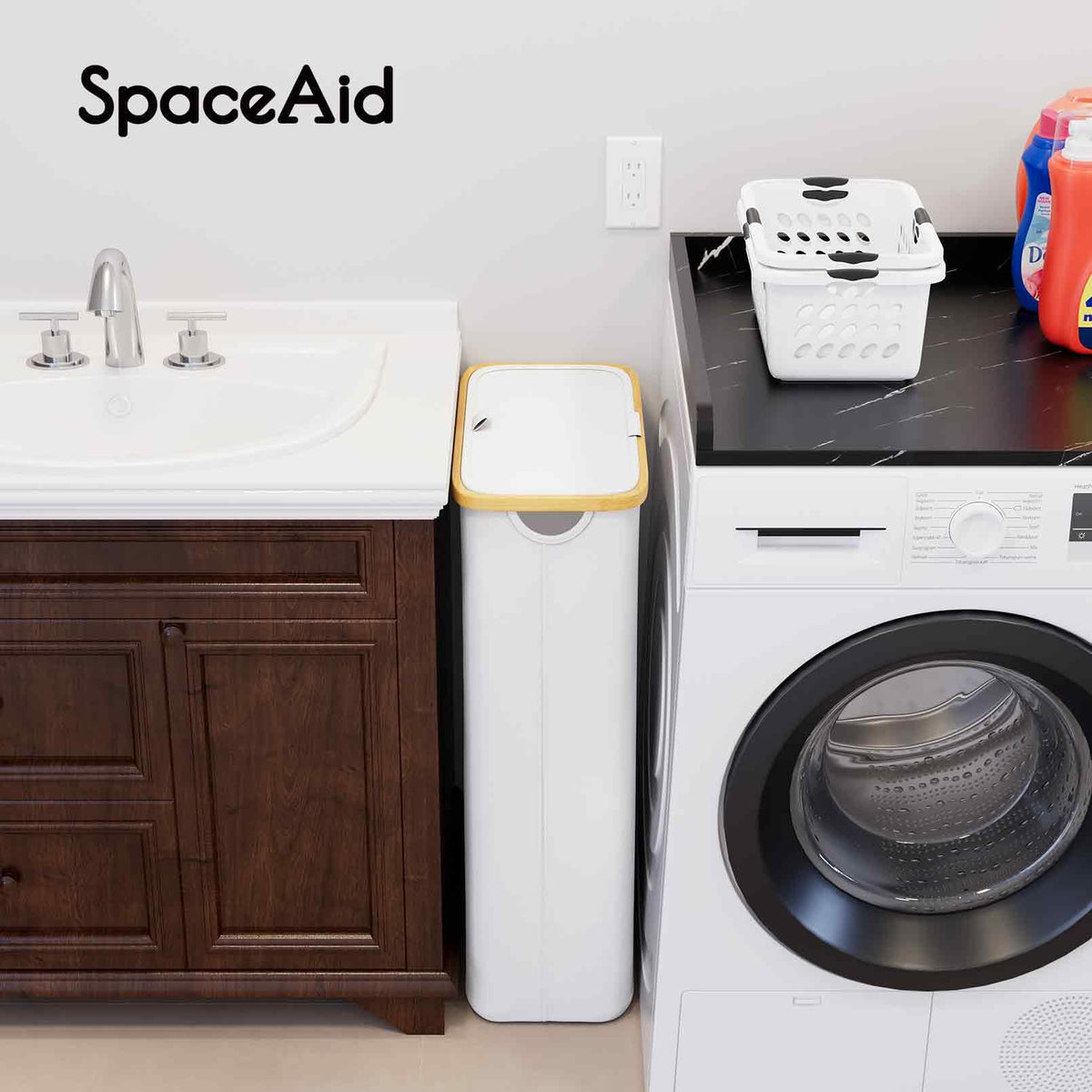 SpaceAid Slim Hamper with bamboo handles highlights easy carrying in multi-story homes.