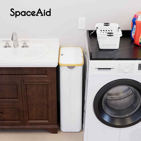 SpaceAid Slim Hamper with bamboo handles highlights easy carrying in multi-story homes.