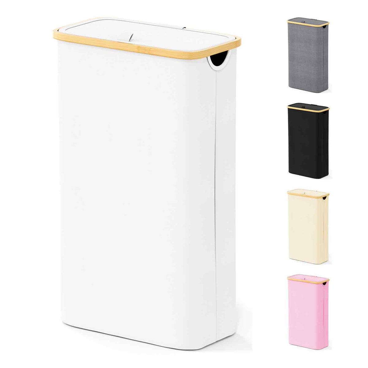 SpaceAid Slim Laundry Hamper with Lid showcases 65L capacity for compact spaces.