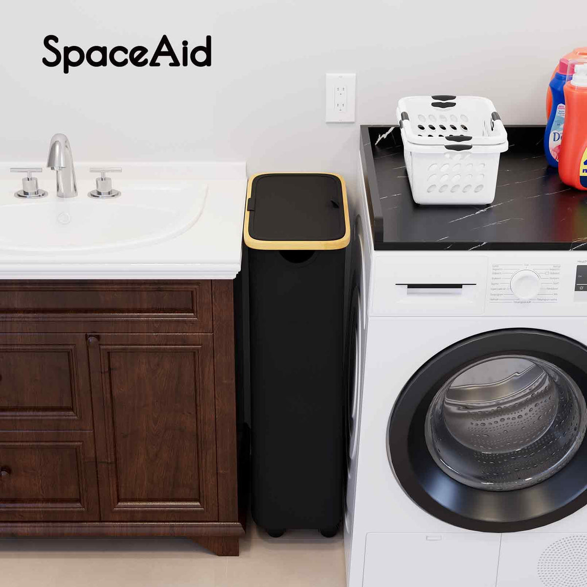 SpaceAid hamper features a bamboo handle for comfortable lifting on stairs and hallways.