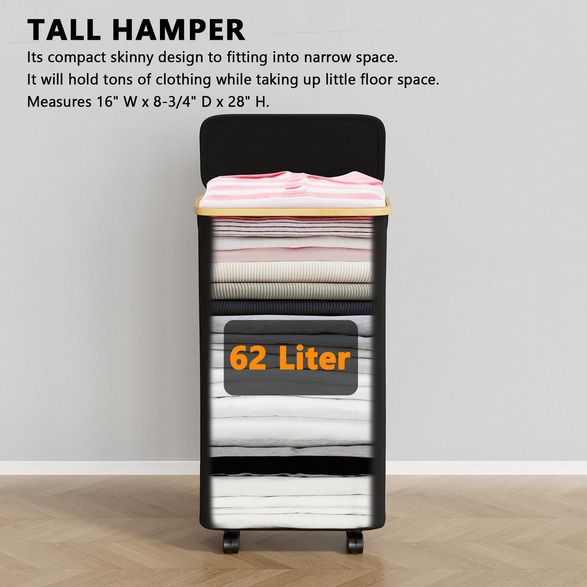 SpaceAid slim hamper fits between washer and dryer for organized laundry in tight spaces.