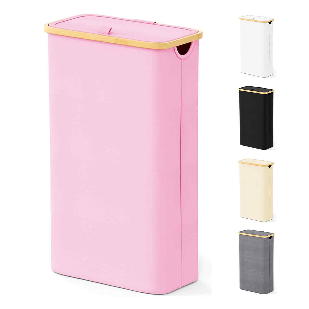SpaceAid slim laundry hamper with pink lid and 65L capacity, ideal for small spaces