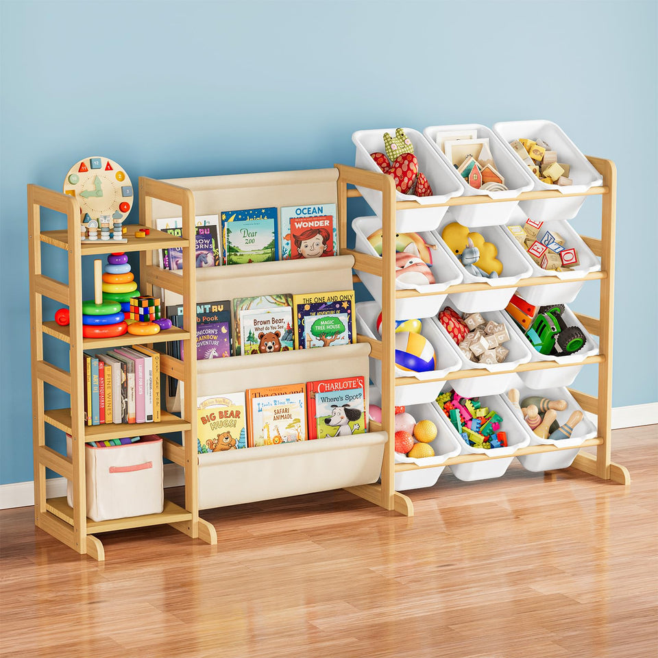 SpaceAid toy storage with 4 shelves and 12 bins keeps playroom organized and tidy.