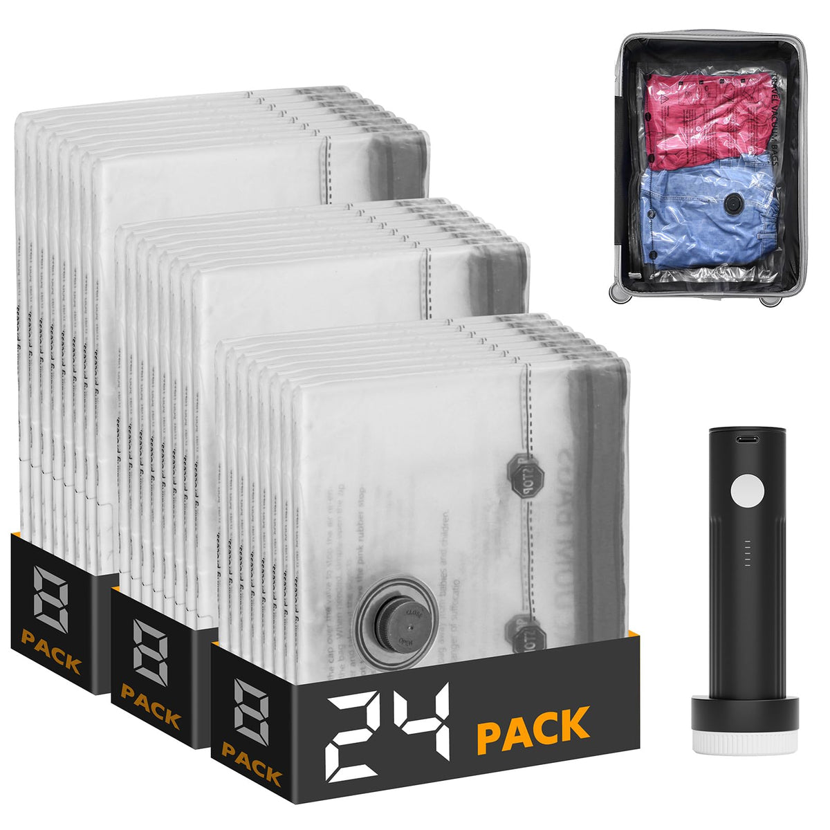 SpaceAid travel vacuum bags with pump in use for compact luggage packing.