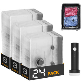 SpaceAid travel vacuum bags with pump in use for compact luggage packing.