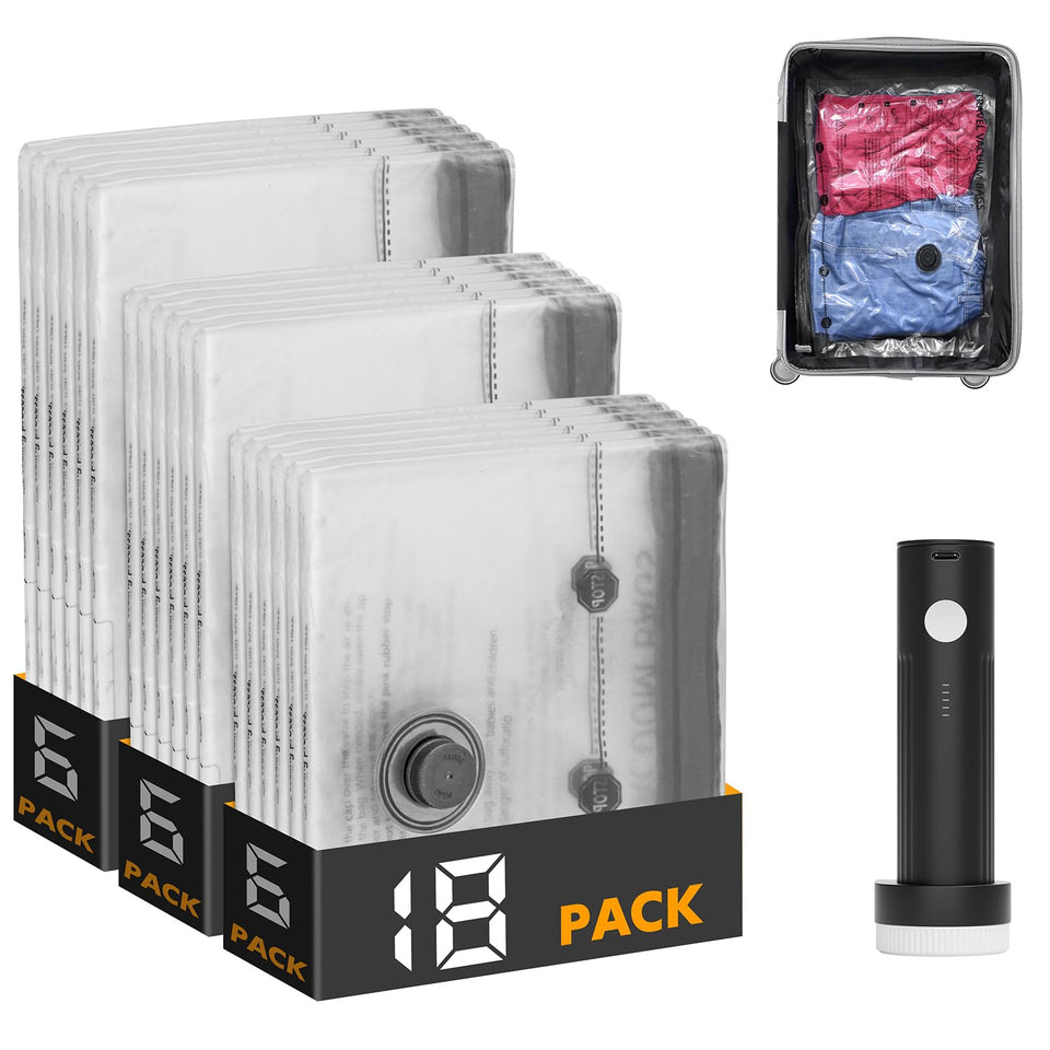 SpaceAid travel vacuum bags small pack demonstrate compact packing to save suitcase space.