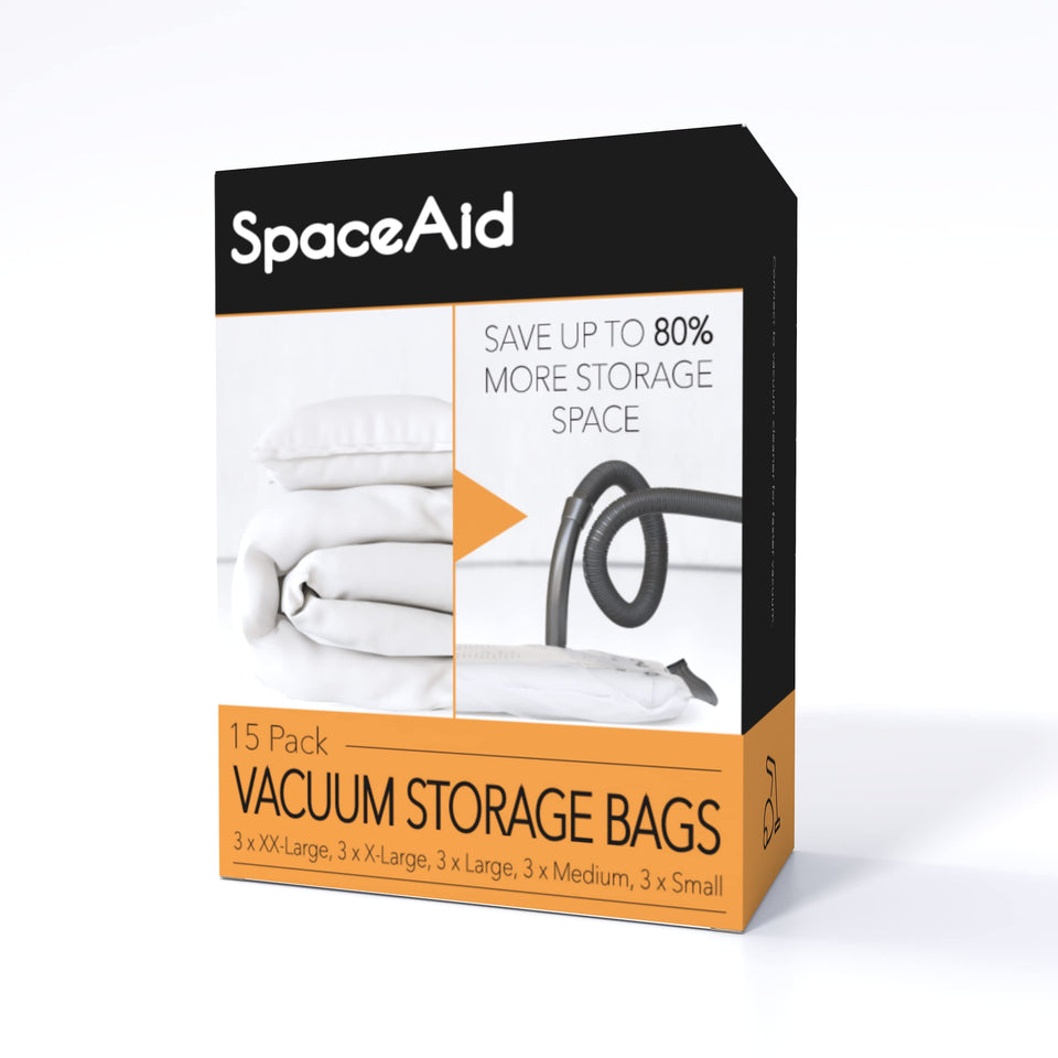 SpaceAid vacuum storage bags protect comforters while saving closet space.