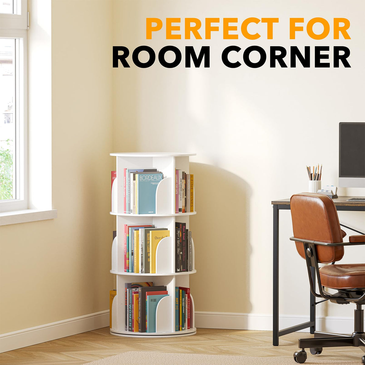SpaceAid white modern book shelf in a living room corner setting.