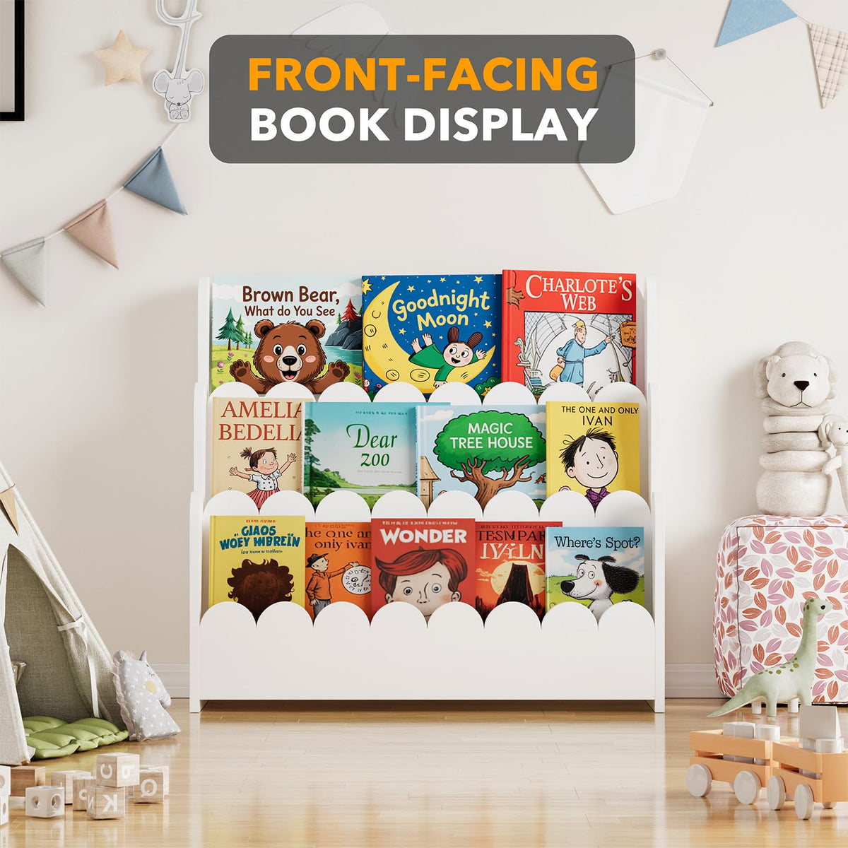 SpaceAid wooden shelf in use demonstrates easy accessibility for small readers