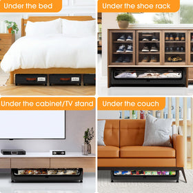 SpaceHacks rolling under-bed storage in black blends with bedroom decor.