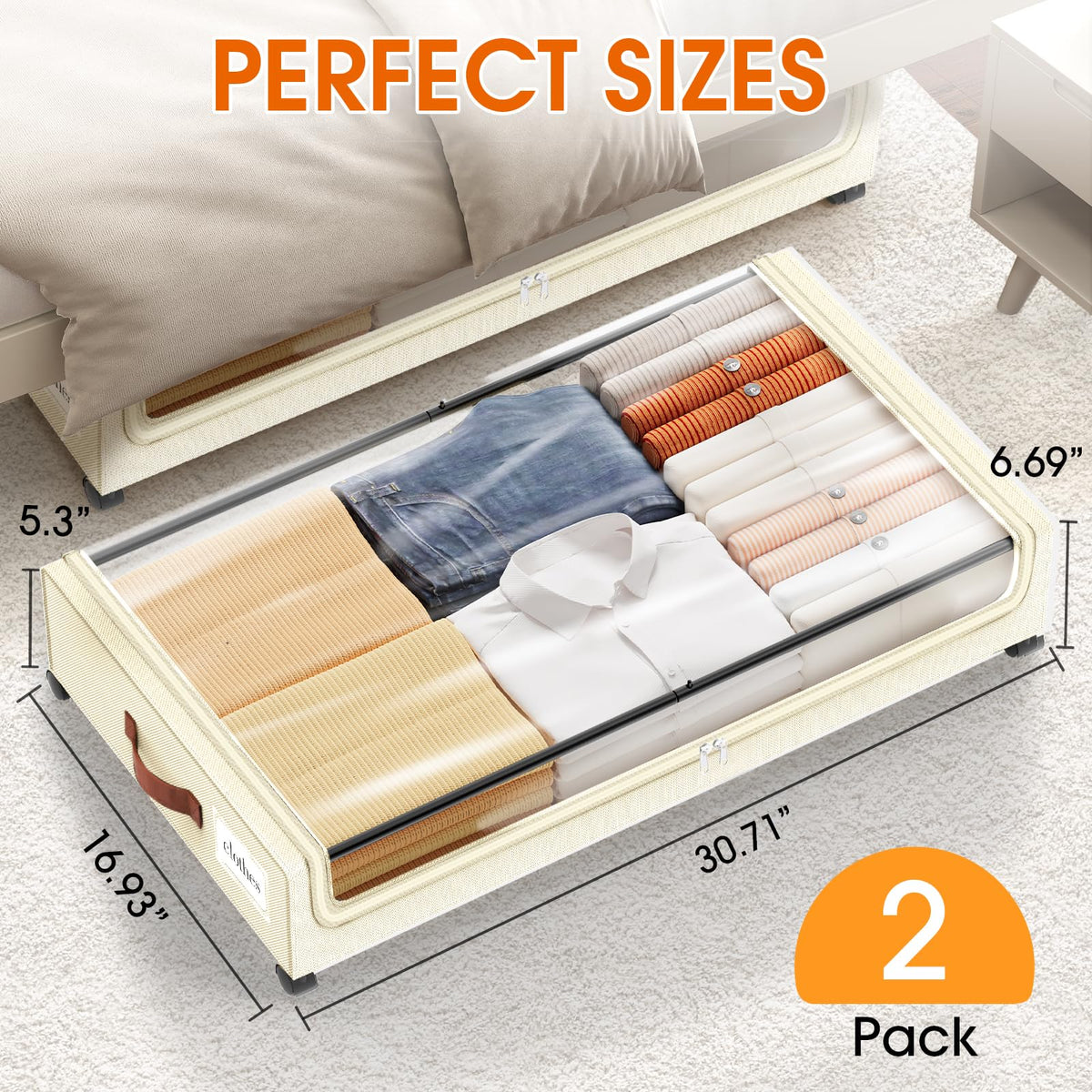 SpaceHacks under-bed storage with leather handles, easy to grip