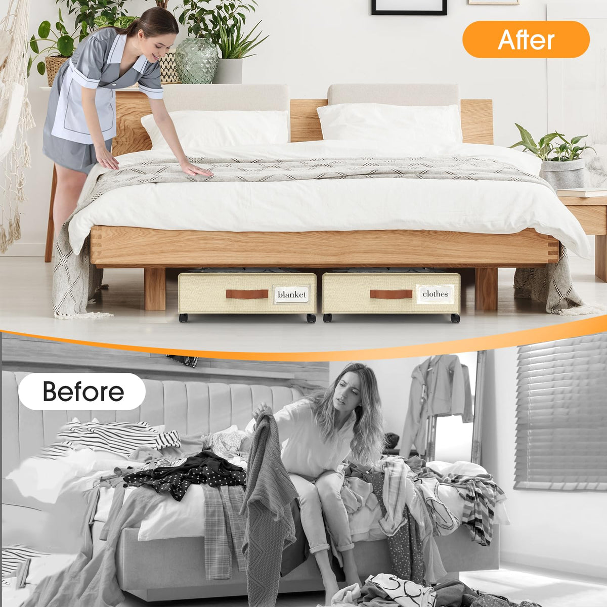SpaceHacks beige fabric under-bed organizer fits under beds and sofas