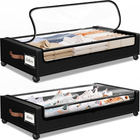 SpaceHacks under-bed storage with wheels shows a clear window and label for quick access.