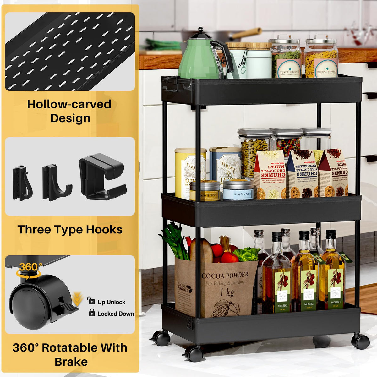 SpaceKEEPER 3-tier slender cart fits tight spaces for tidy storage.