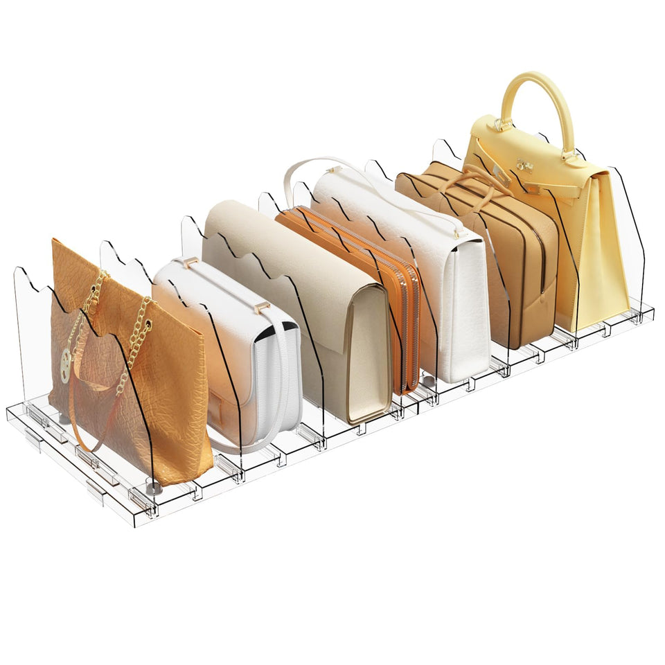 Spacekeeper adjustable shelf divider in closet showing customizable handbag spacing