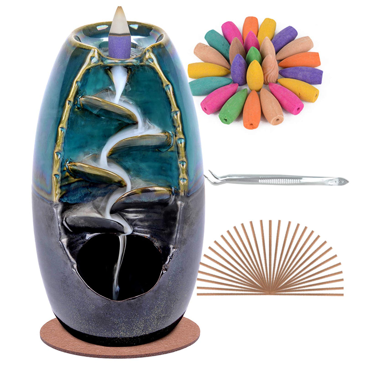 Spacekeeper blue ceramic backflow incense holder with calming waterfall smoke effect for meditation.
