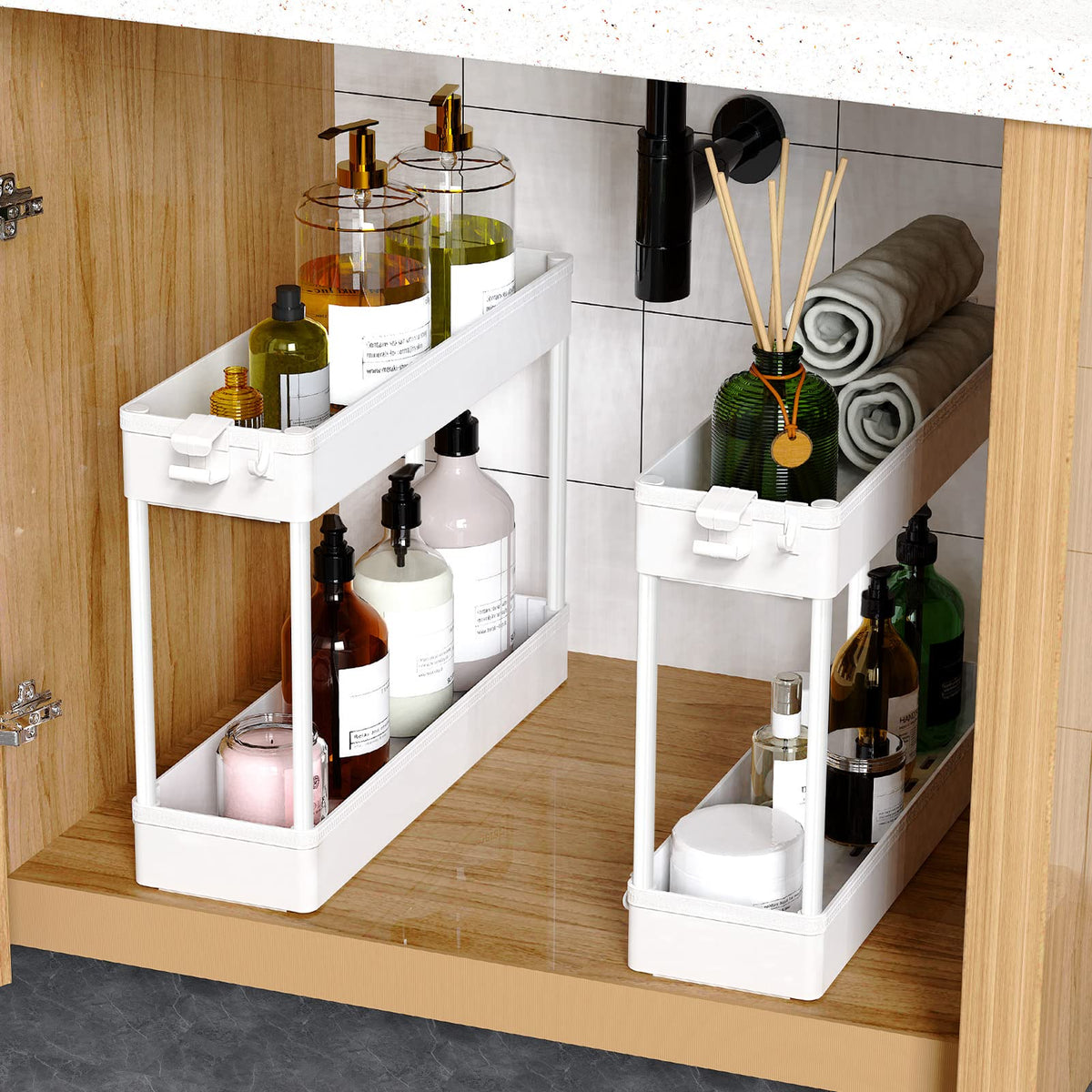 SPACEKEEPER rolling cart with side hoops adds extra storage options.
