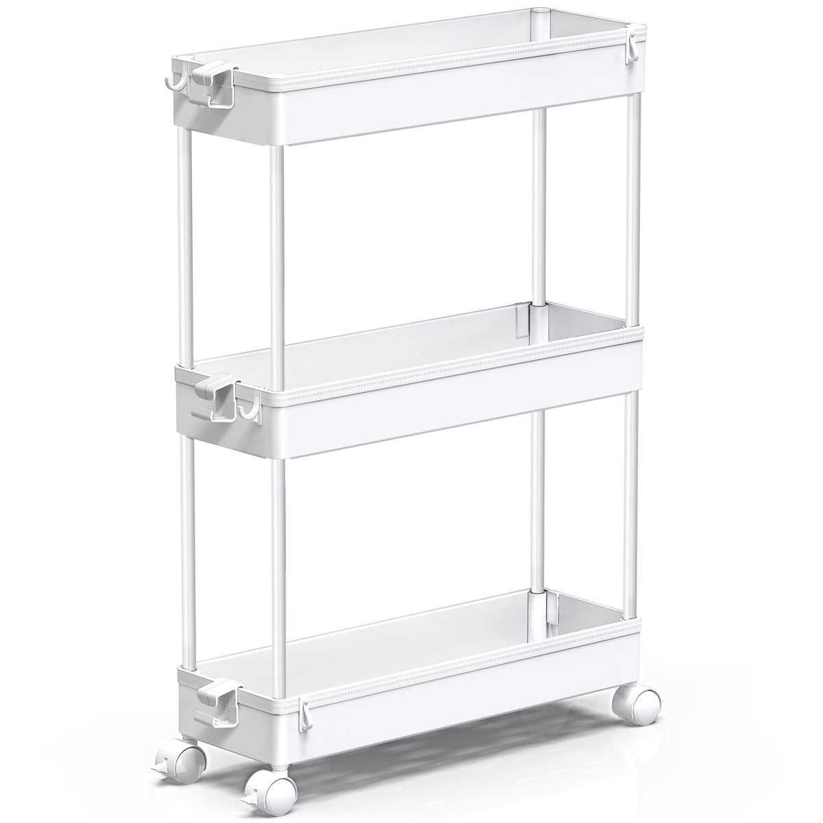 SPACEKEEPER slim rolling cart with 3 removable shelves for flexible storage.