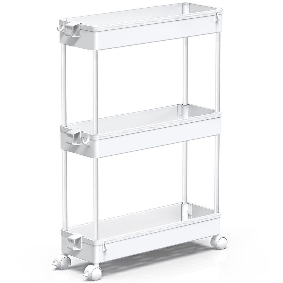 SPACEKEEPER slim rolling cart with 3 removable shelves for flexible storage.