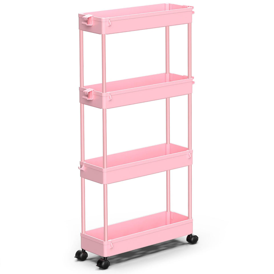 SpaceKEEPER slim rolling cart with four tiers for compact storage.