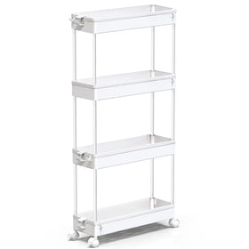 SPACEKEEPER Slim Rolling Cart demonstrates compact 4-tier storage for tight spaces.