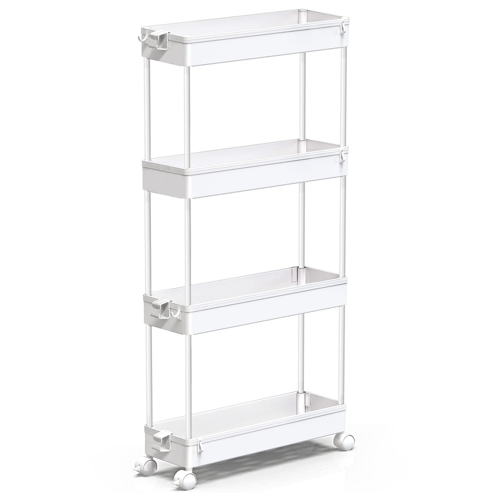 SPACEKEEPER Slim Rolling Cart demonstrates compact 4-tier storage for tight spaces.