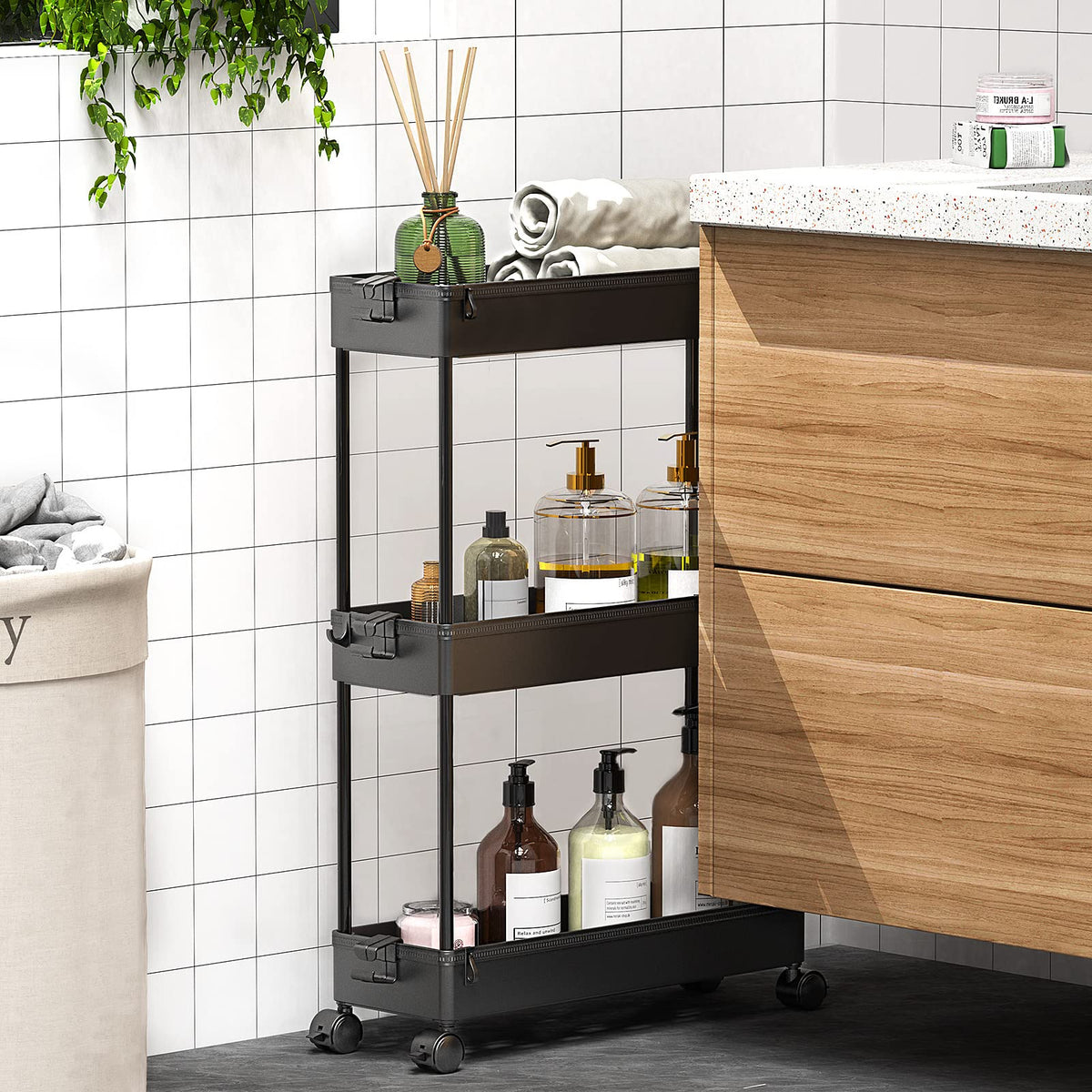SPACEKEEPER Slim Rolling Cart with locking casters for secure placement