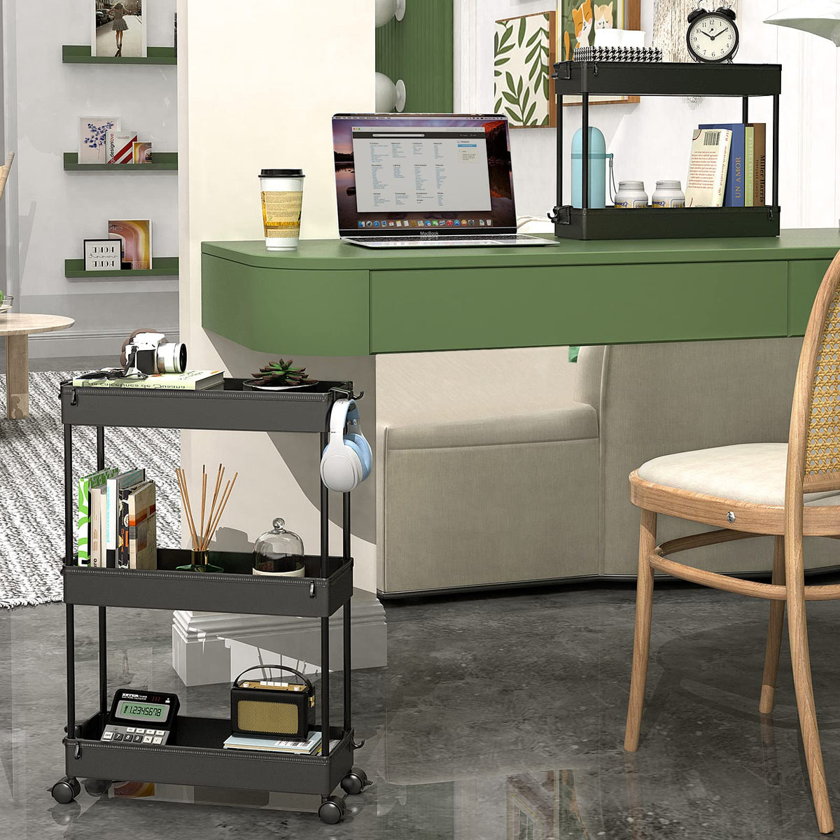 SPACEKEEPER Slim Rolling Cart side view showing slim footprint in a narrow space