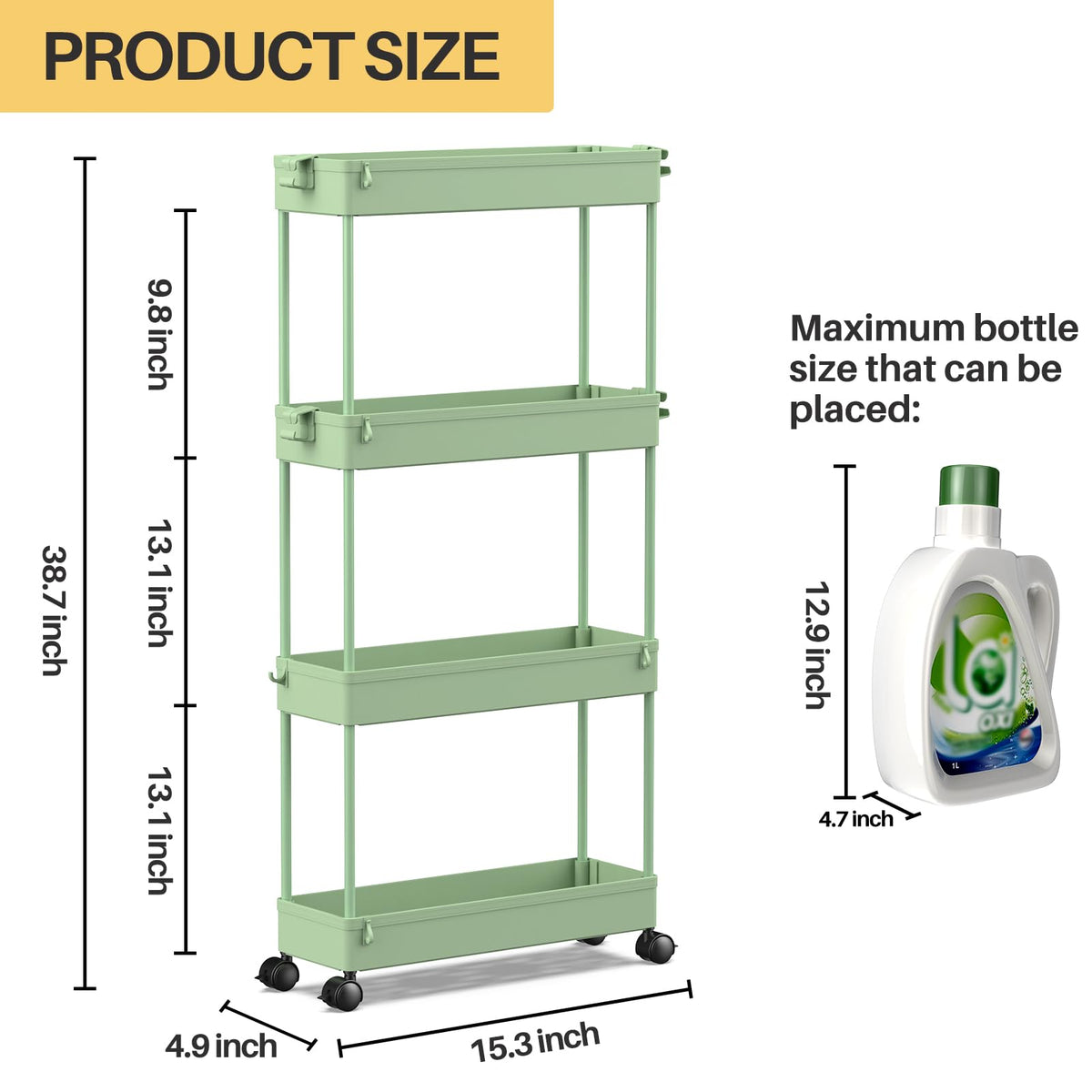 SPACEKEEPER Slim cart offers 2 or 3 adjustable shelves for versatile setups.