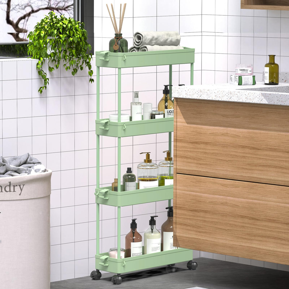 SPACEKEEPER Slim cart with compact footprint fits tight corners and counters.