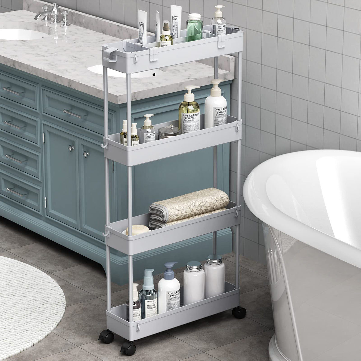 SPACELEAD Slim Storage Cart 4-Tier gray front view highlighting compact design.