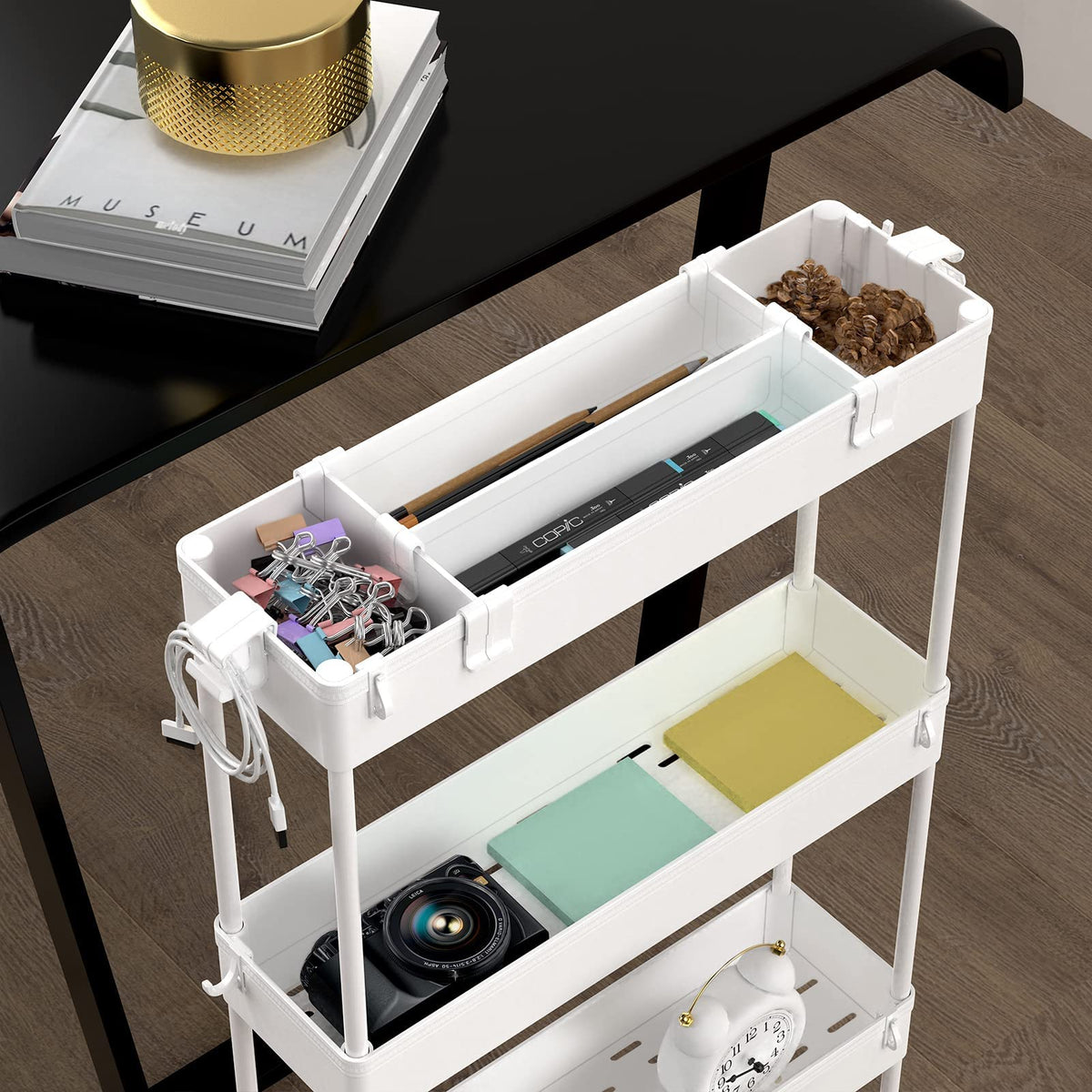 SPACELEAD Slim Storage Cart adjustable dividers and side hooks aid organization.