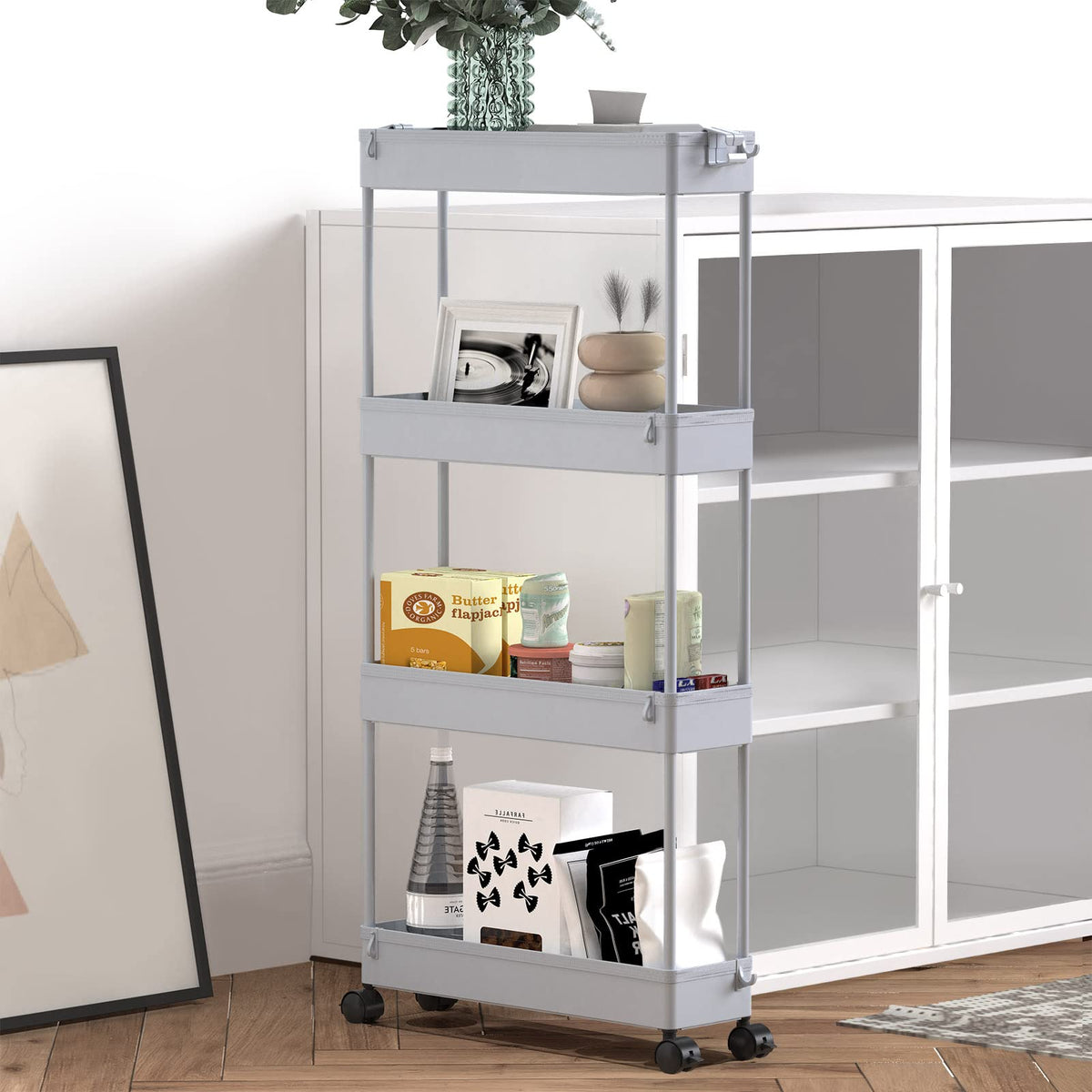 SPACELEAD Slim Storage Cart gray assembly guide indicating tool-free setup.