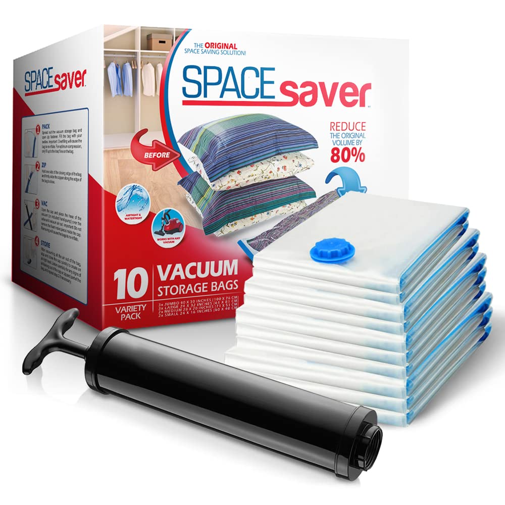 Spacesaver 10-pack vacuum bags with pump in use for travel prep