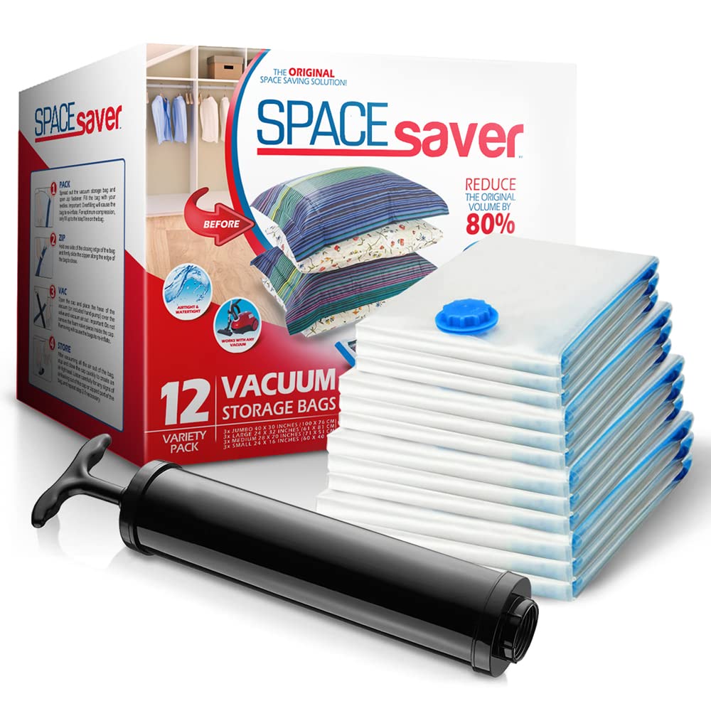 Spacesaver vacuum bag with comforter ready to compress bedding for closet space gain