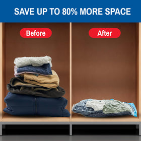 Spacesaver bags stacked in a tidy closet demonstrating organization