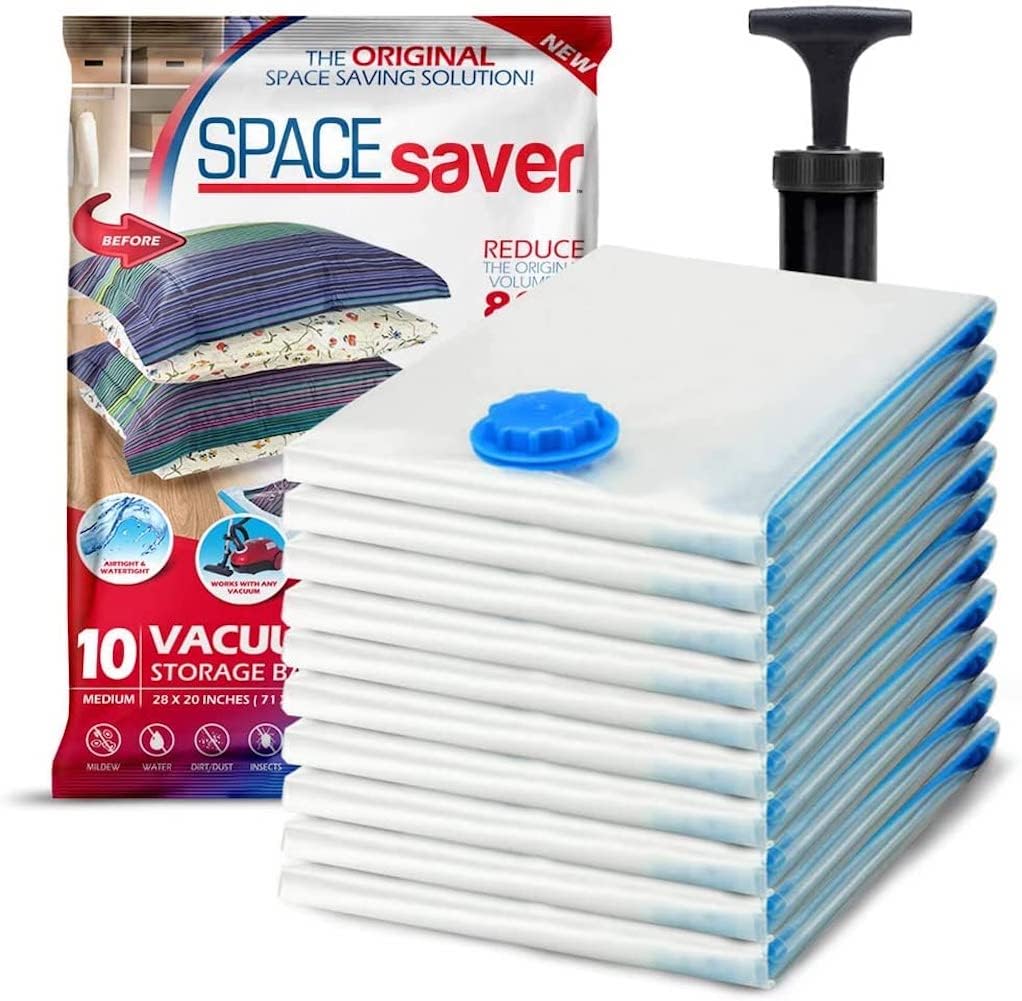 Spacesaver comforter vacuum bag for space-saving closet and suitcase storage