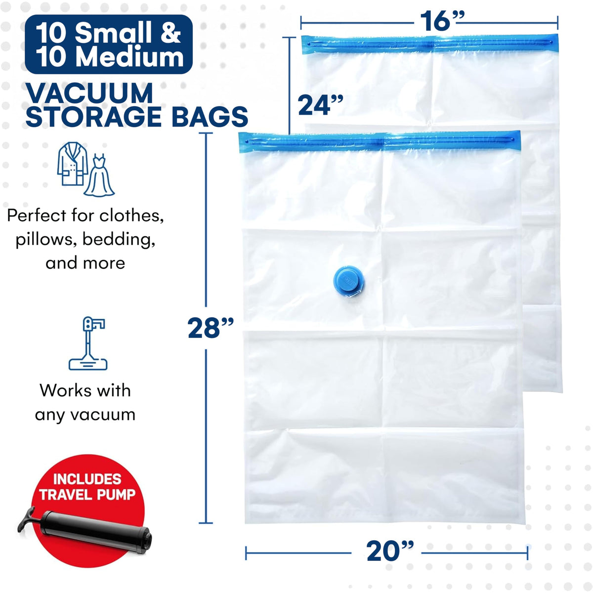 Spacesaver double zip seal provides airtight protection for fabrics.