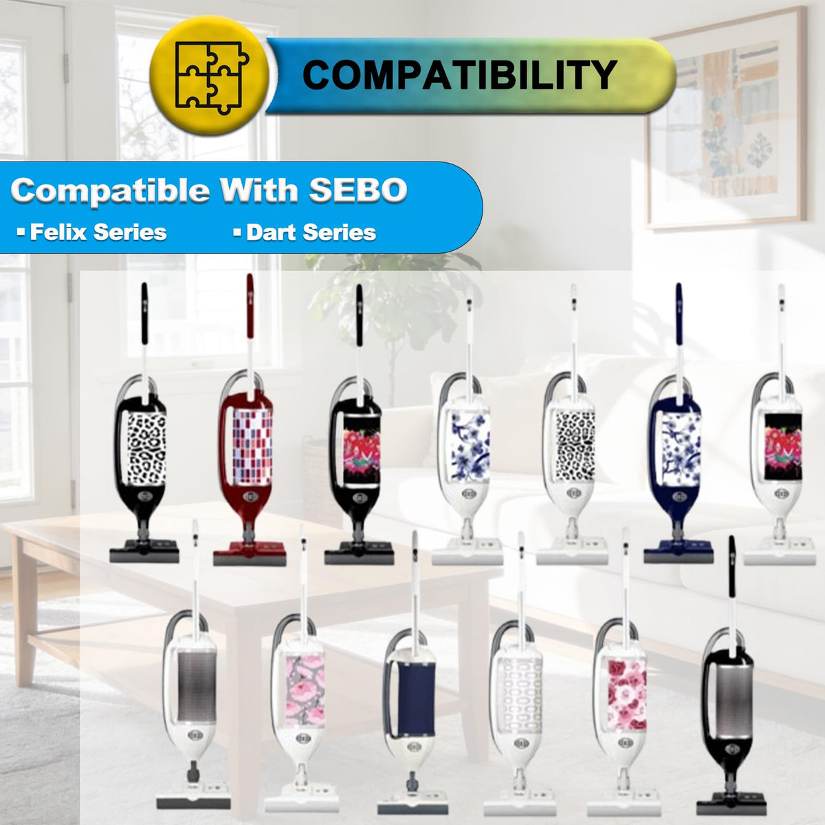 SpaceTent compatible bags shown with Sebo Felix and Dart uprights for broad coverage.