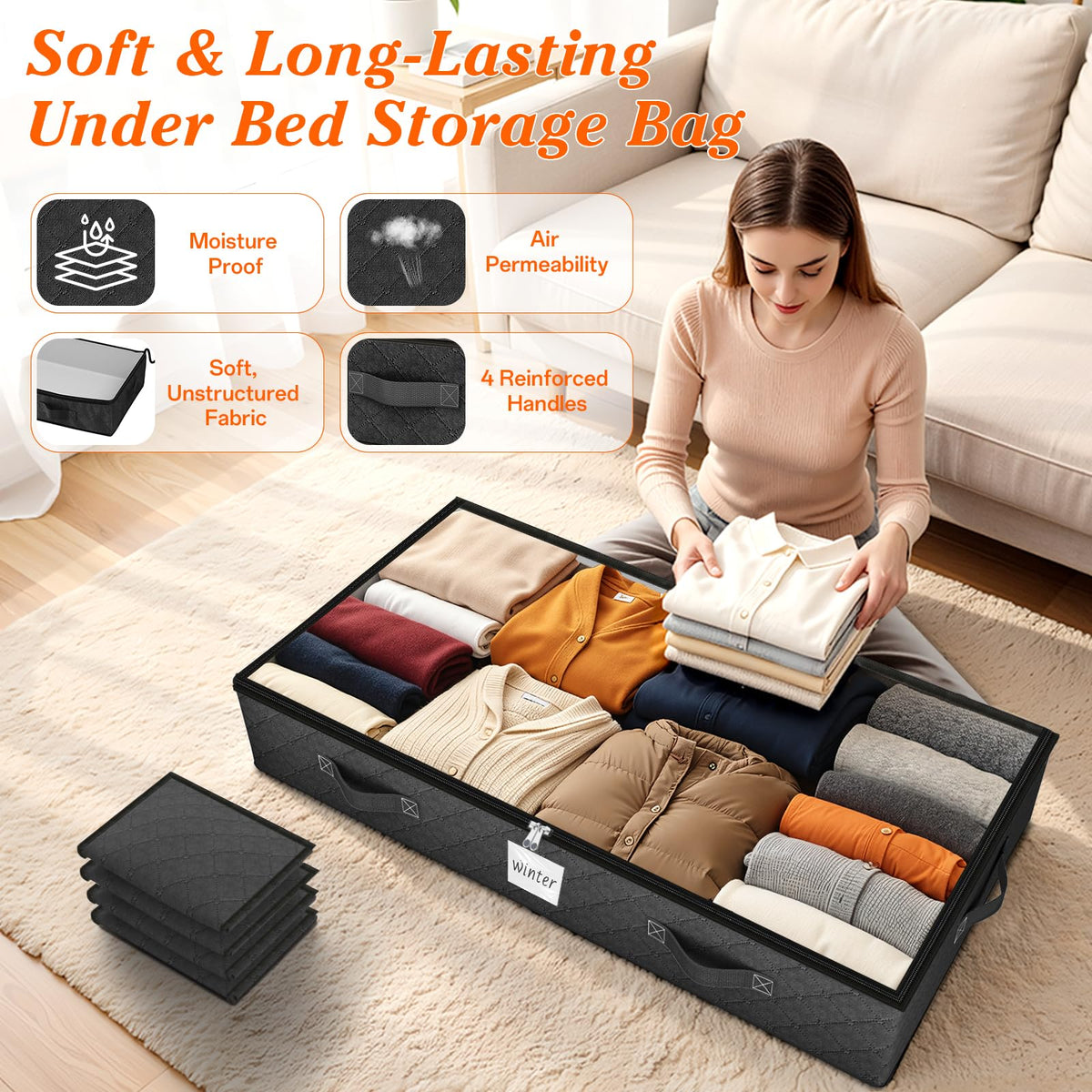 SpaceWhisper 4-pack storage bins with label slot to organize seasonal clothing